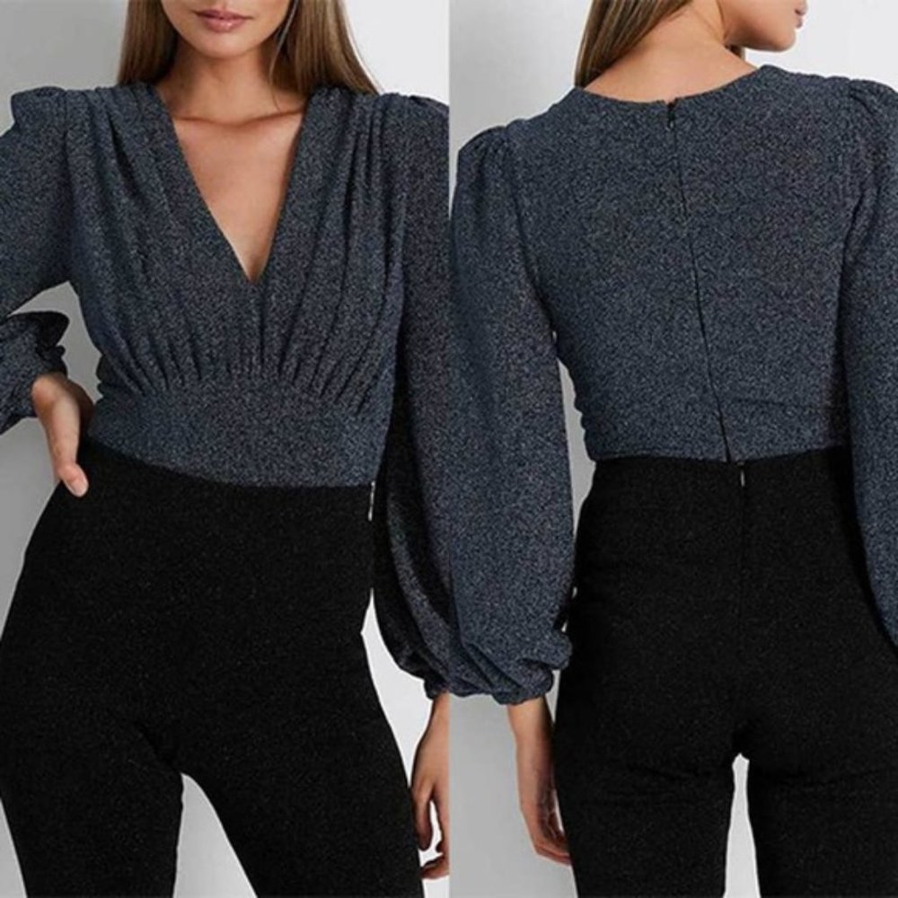 Patbo Lurex Plunge Long Sleeves Bodysuit Women's Galaxy Size: X-Small NWT